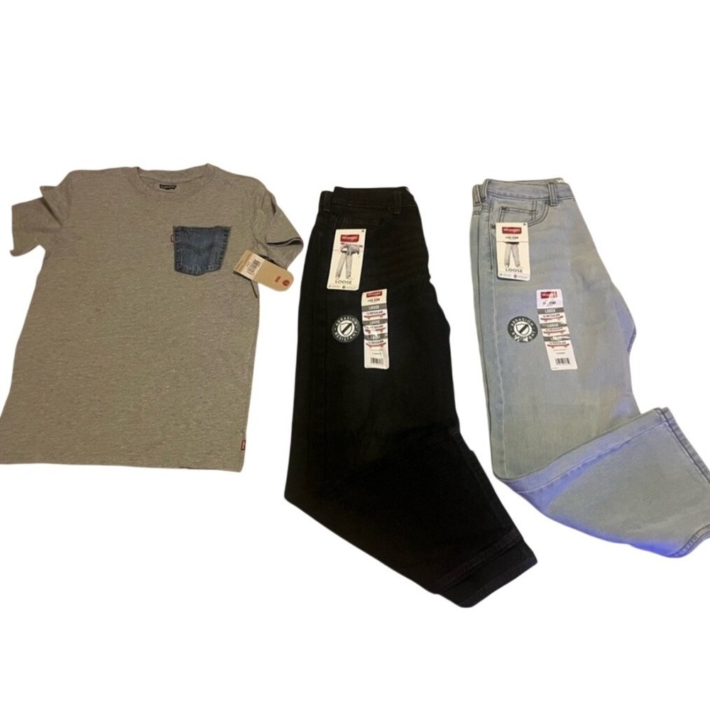 Boys Size Large 10/12 Clothing Lot 3 Pc NWT Wrangler Jeans Gray Pocket Tee